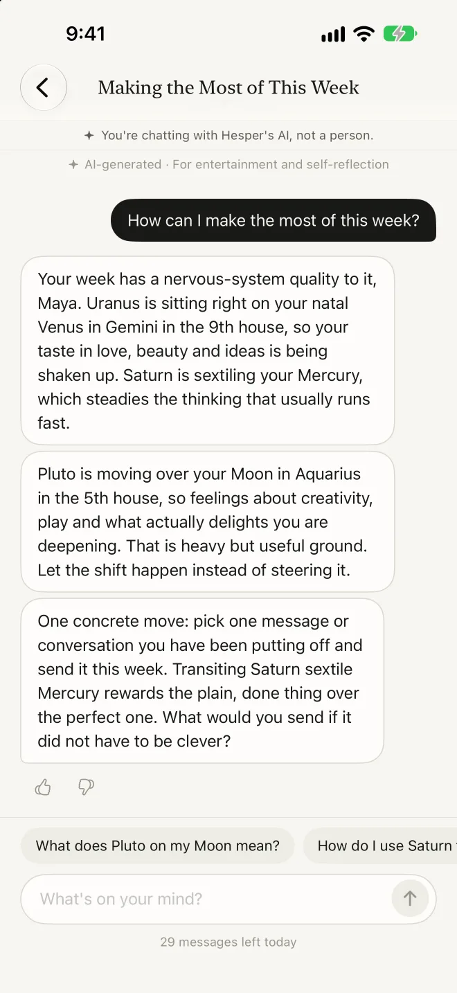 A Hesper chat answering How can I make the most of this week, with transits to the person's chart and one concrete suggestion.