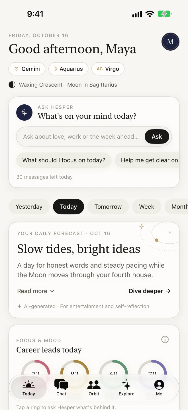 Hesper's Today screen: a greeting, the Big Three signs, an Ask Hesper box and the daily forecast titled Slow tides, bright ideas.